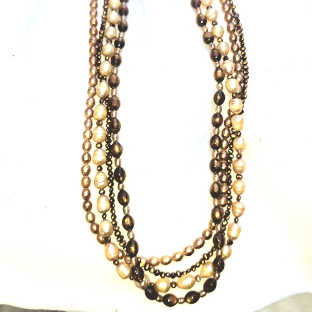 4 Strand Pearl Golden Coral Necklace 24" - 26" - Picture 2 of 7